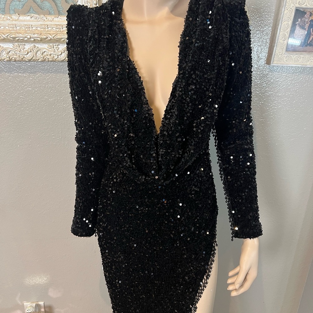 Black Sequin Deep V-Neck cowl neckline Long Sleeve Evening Gown - Picture 9 of 14